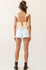 Eyes On The Prize Lace-Up Back Ruffle Crop Top Floral Print Yellow