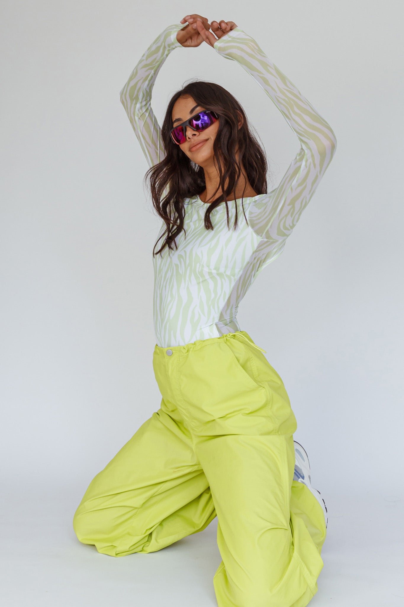 Juni Long Sleeve Low Back Mesh Bodysuit Tiger Lime