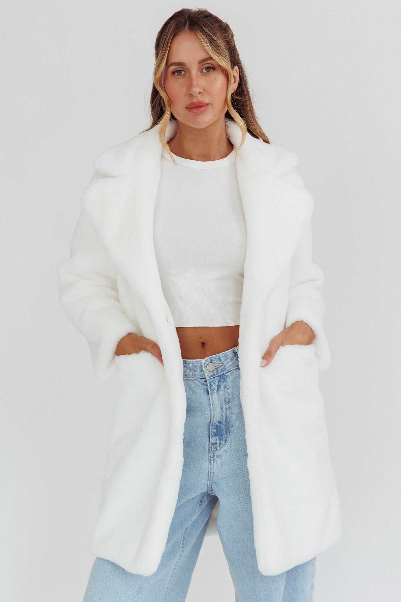 Perceptions Longline Faux Fur Coat White