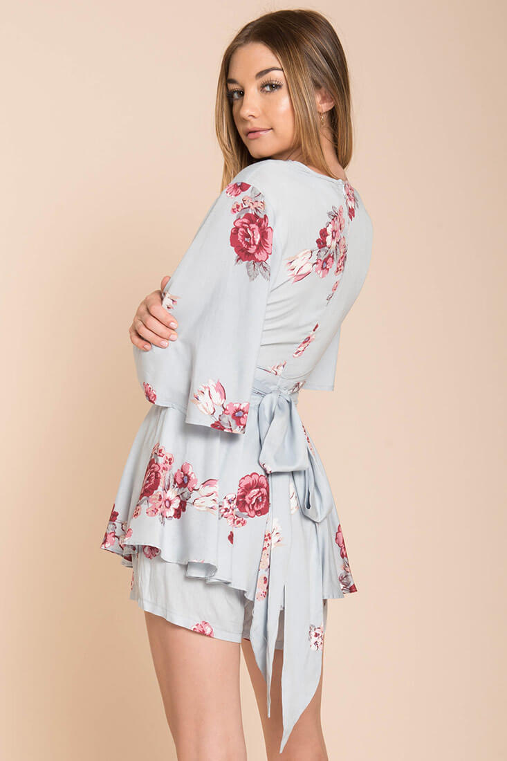 Rosalynn Bow Tie Floral Romper Blue