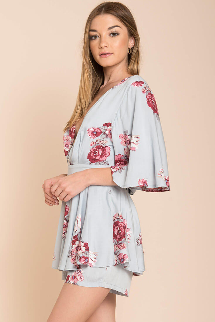 Rosalynn Bow Tie Floral Romper Blue