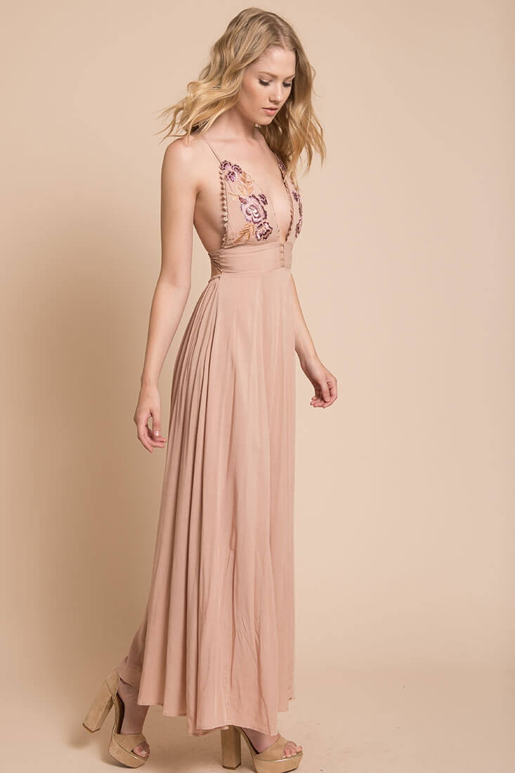 Summer Wedding Embroidered Floral Maxi Dress Mocha
