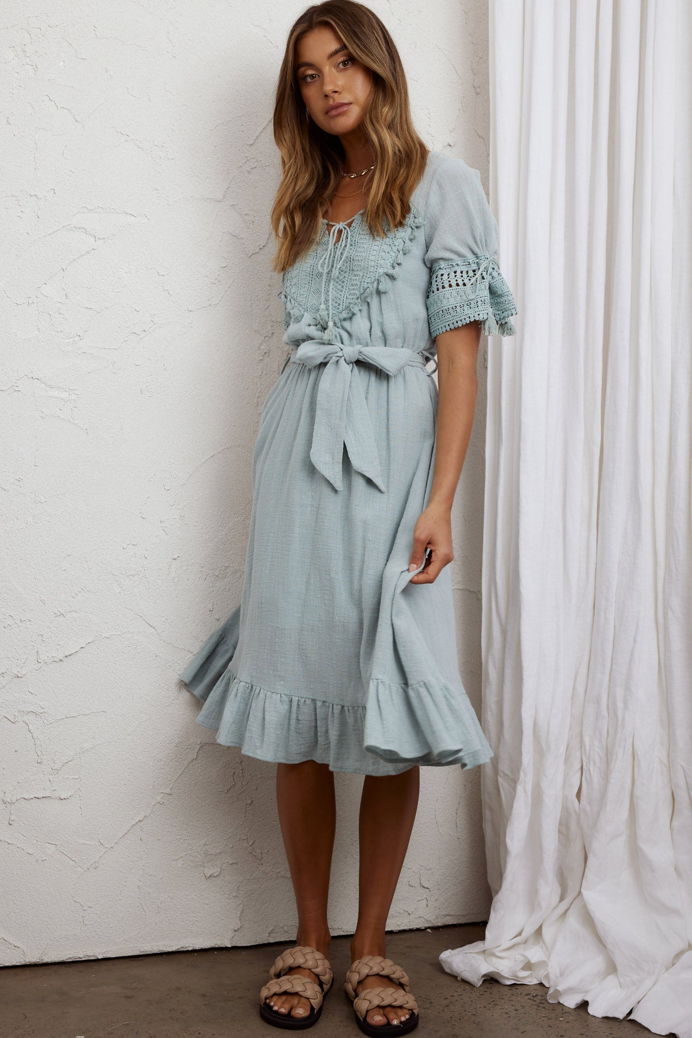 Jada Short Sleeve Crochet Tassel Midi Dress Sage