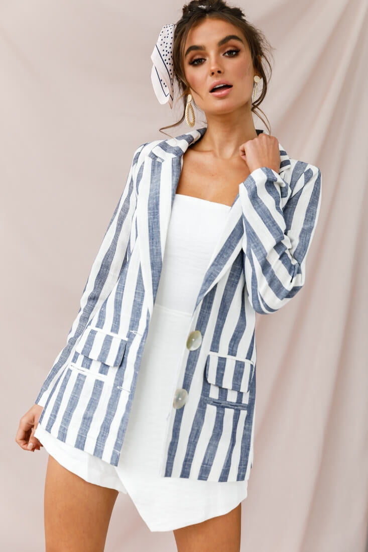 Hamptons Striped Notched Lapel Jacket Blue