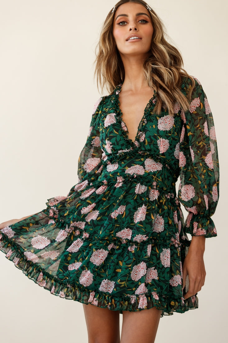 Laney Cutout Back Ruffle Trim Dress Floral Print Green
