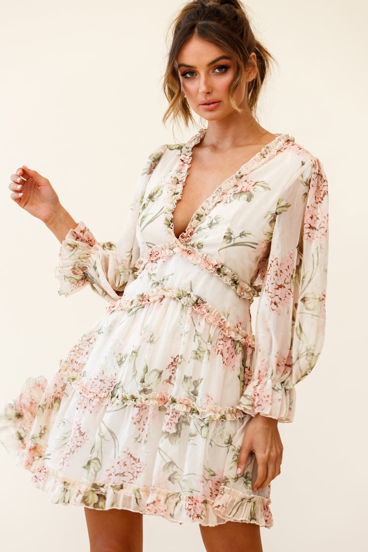 Laney Cutout Back Ruffle Trim Dress Hydrangea Print Nude