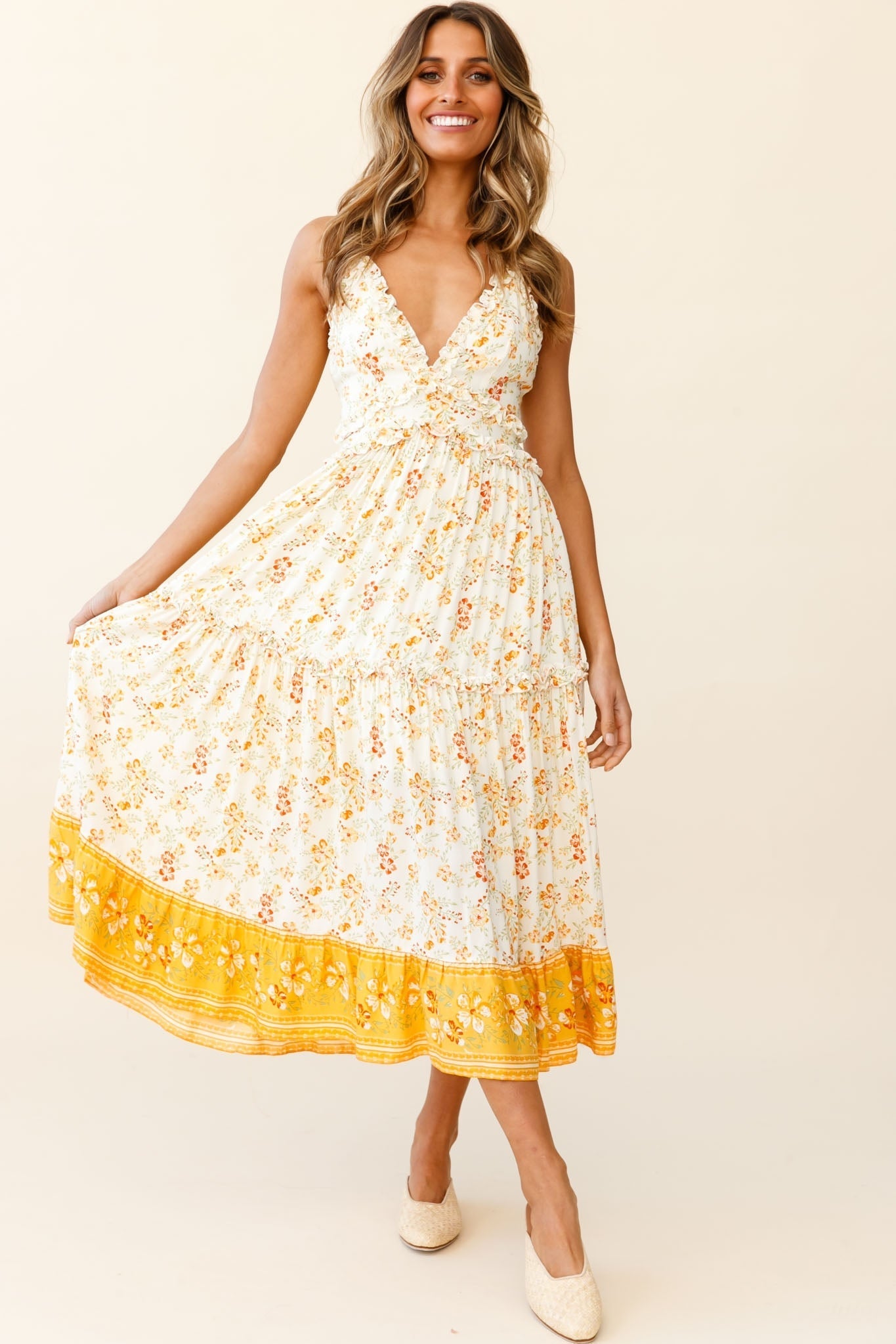Laney Low Back Cami Strap Midi Dress Hibiscus Print Mustard