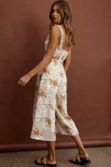 Magdalene Frill Strap Midi Jumpsuit Vintage Floral Tan
