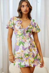 Kalina Ruffle Neckline Flutter Sleeve Mini Dress Floral Print Purple