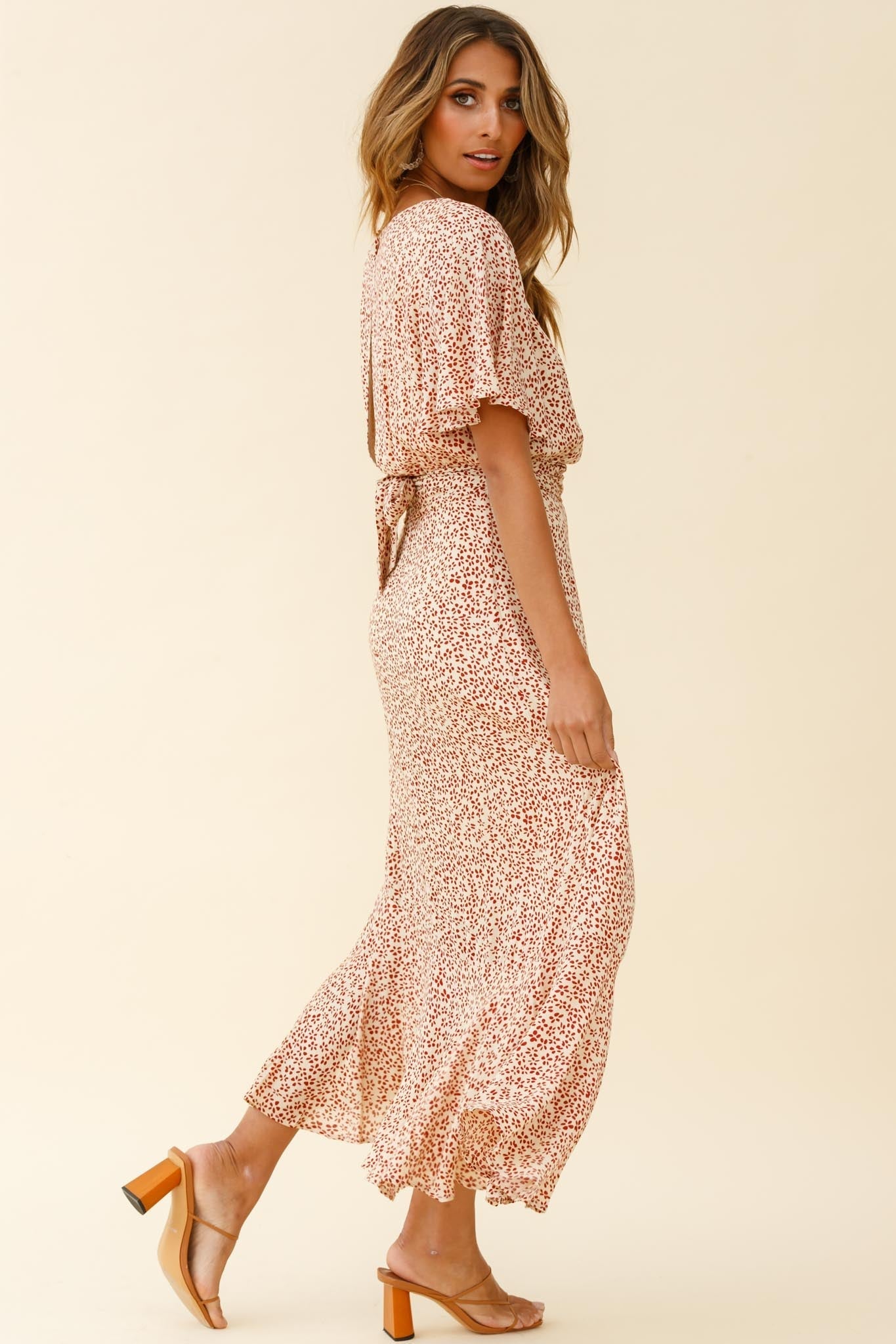 Friday Surplice Neckline Front Split Maxi Dress Floral Print Beige