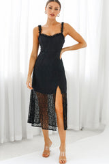 Isadora Mesh Overlay Frill Trim Neckline Midi Dress Black