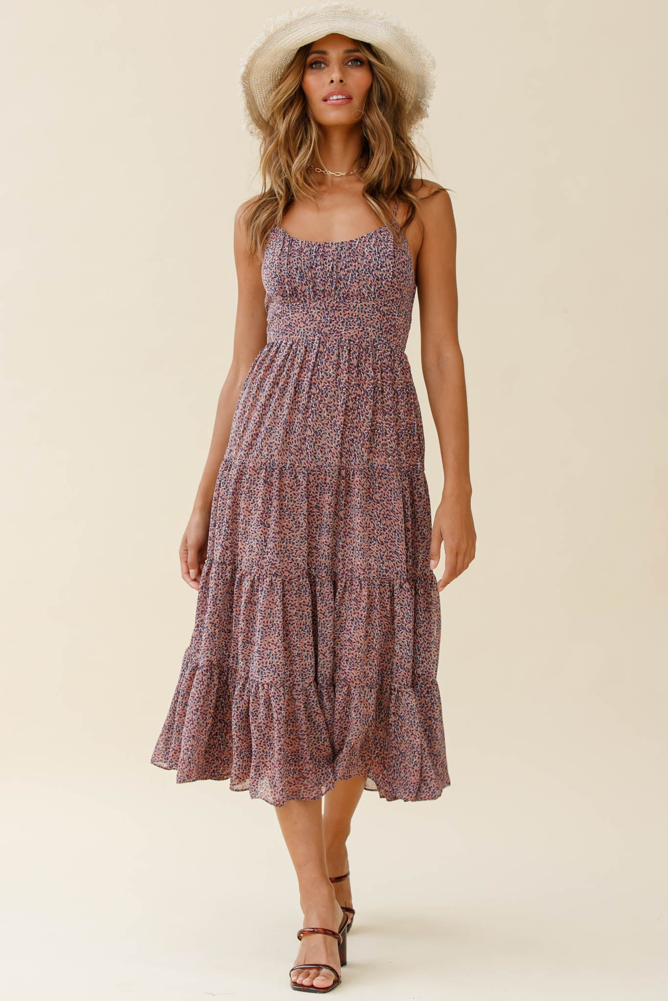 Eternal Sunshine Gathered Bust Midi Dress Leaf Print Purple Multi