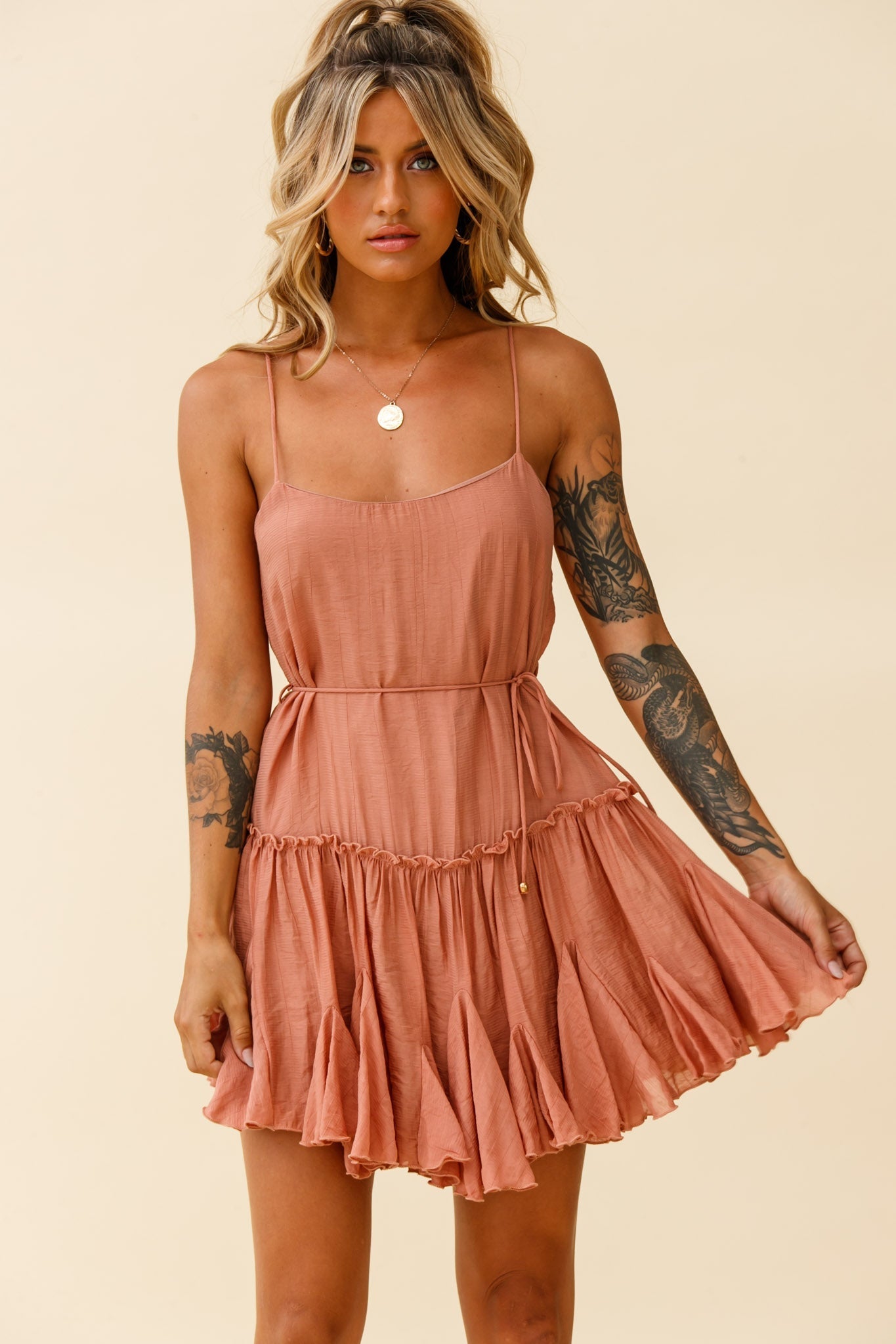 Rosabel Spaghetti Strap Fluted Hem Dress Rose
