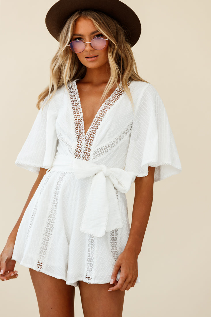 Revival Bell Sleeve Crochet Insert Romper White