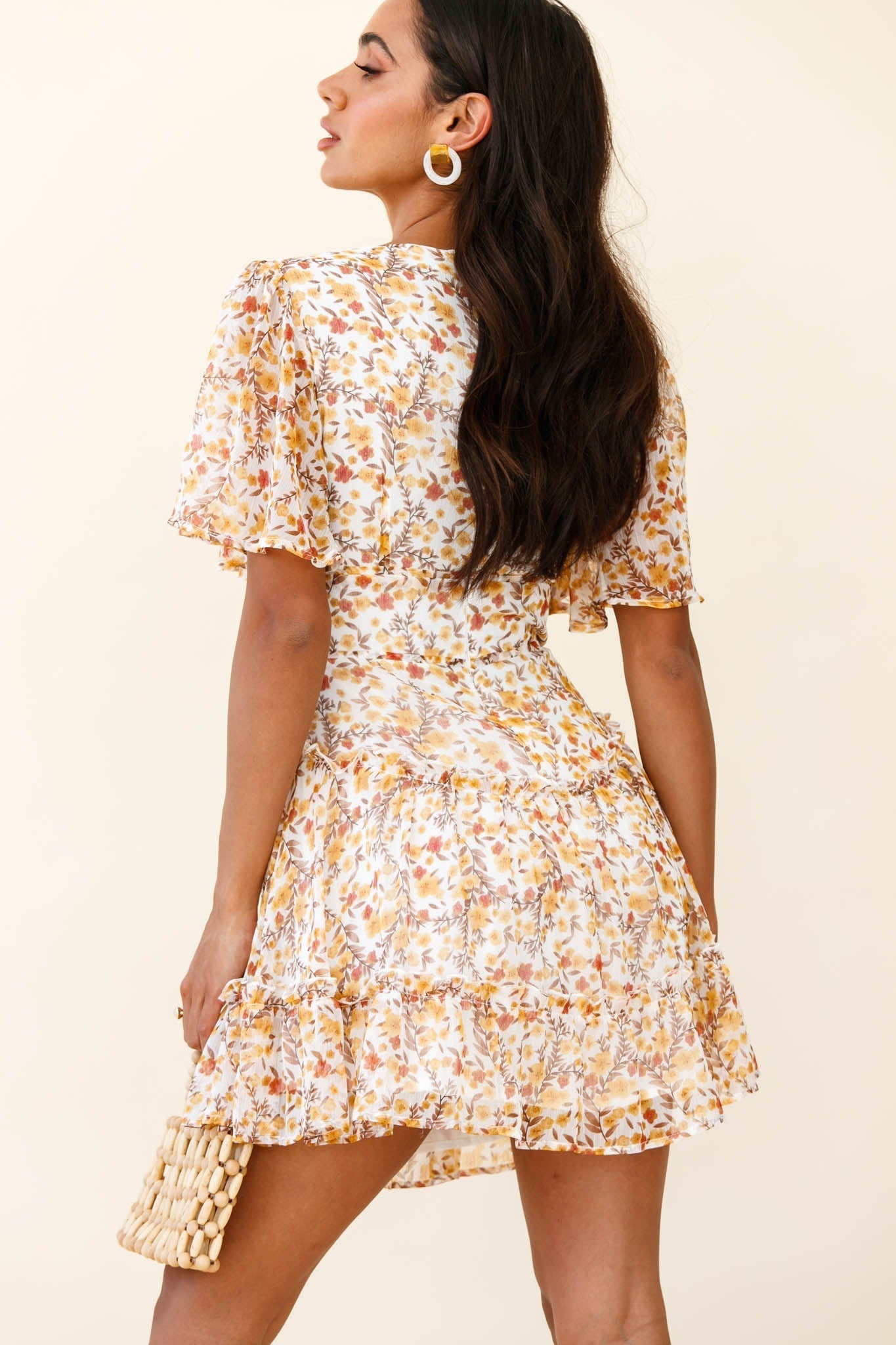 Stolen Moments Angel Sleeve Ruffle Dress Floral Print Yellow Multi