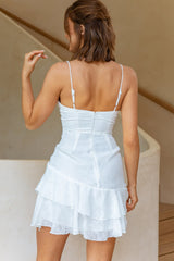 High Society Ruched Drawstring Ruffle Hem Textured Mini Dress Steel White