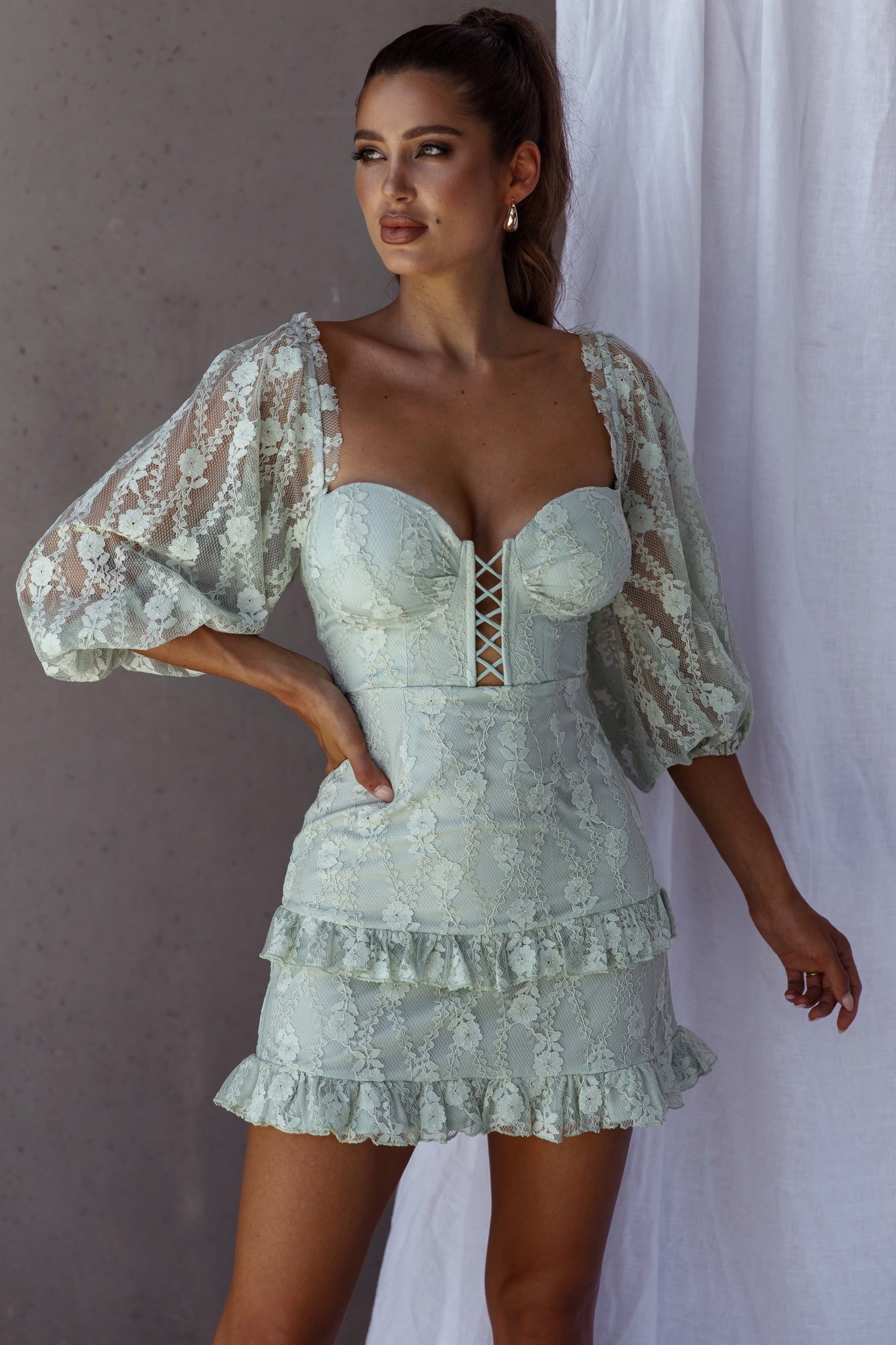 Hemingway Criss-Cross Bust Balloon Sleeve Frill Trim Lace Dress Sage
