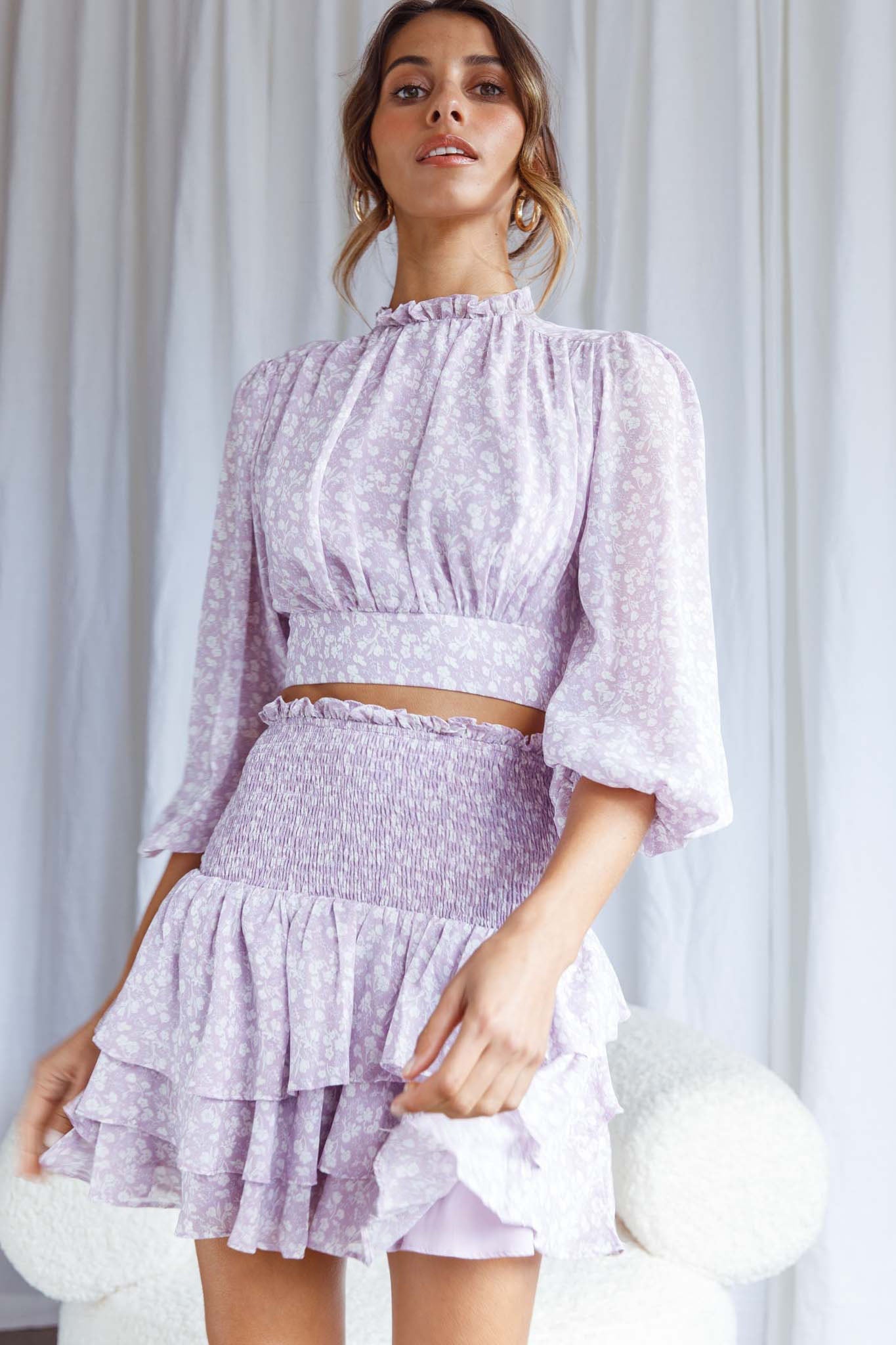 Whisked Away Balloon Sleeve Open Back Crop Top Floral Print Lilac