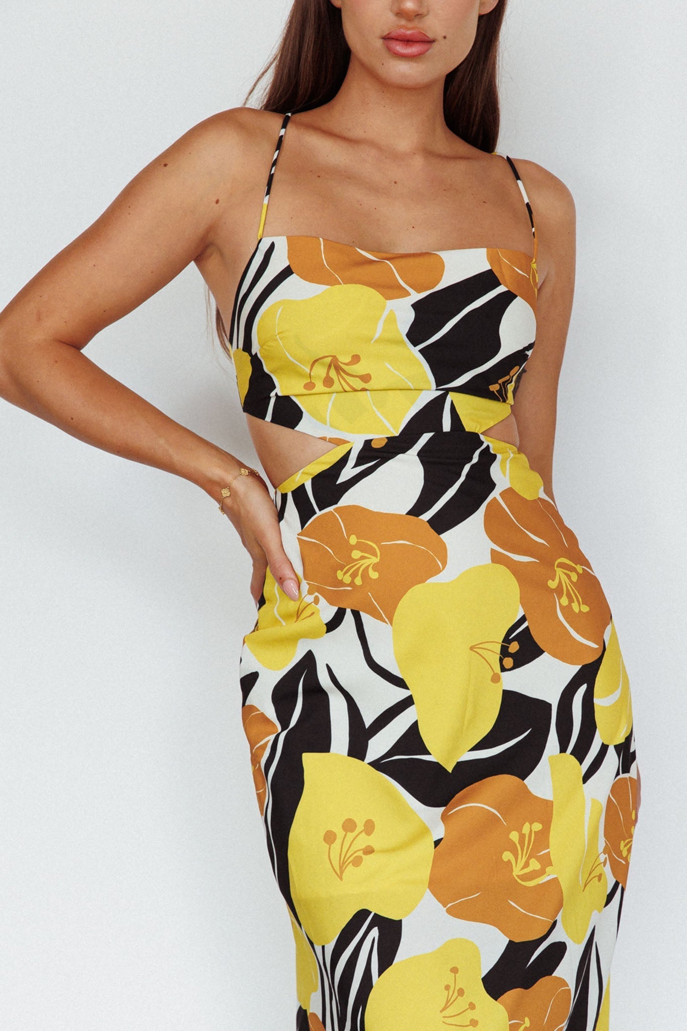Sunday Bliss Tie-Up Back Cowl Neck Midi Dress Flower Yellow