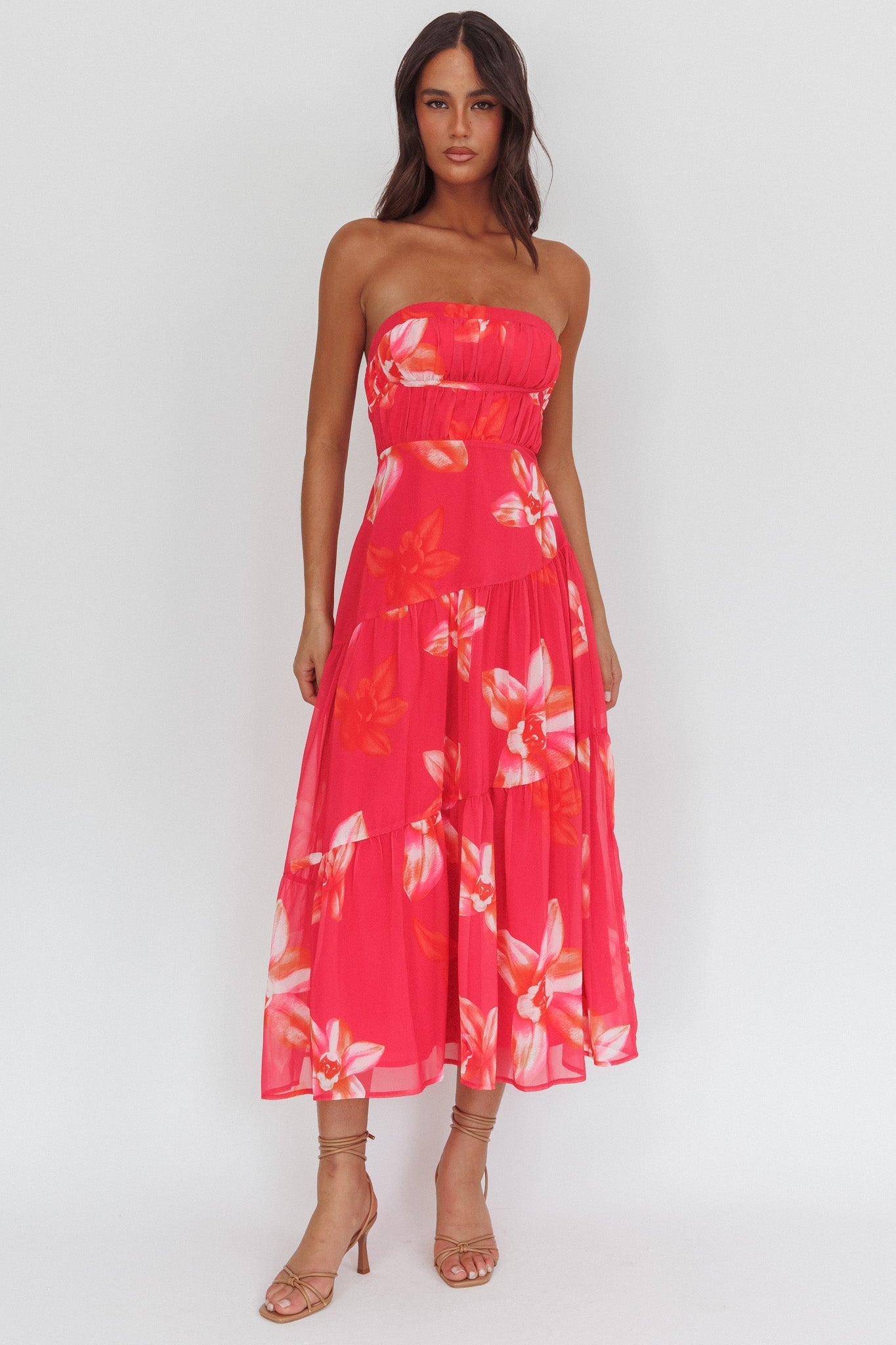 South Pacific Strapless Strappy Back Midi Length Floral Pink