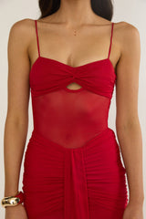 Kamilah Ruched Sheer Waist Maxi Dress Red