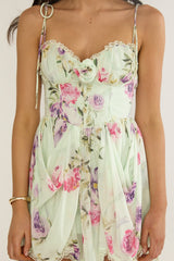 Gisora Tied Back Lace Trim Romper Floral Mint