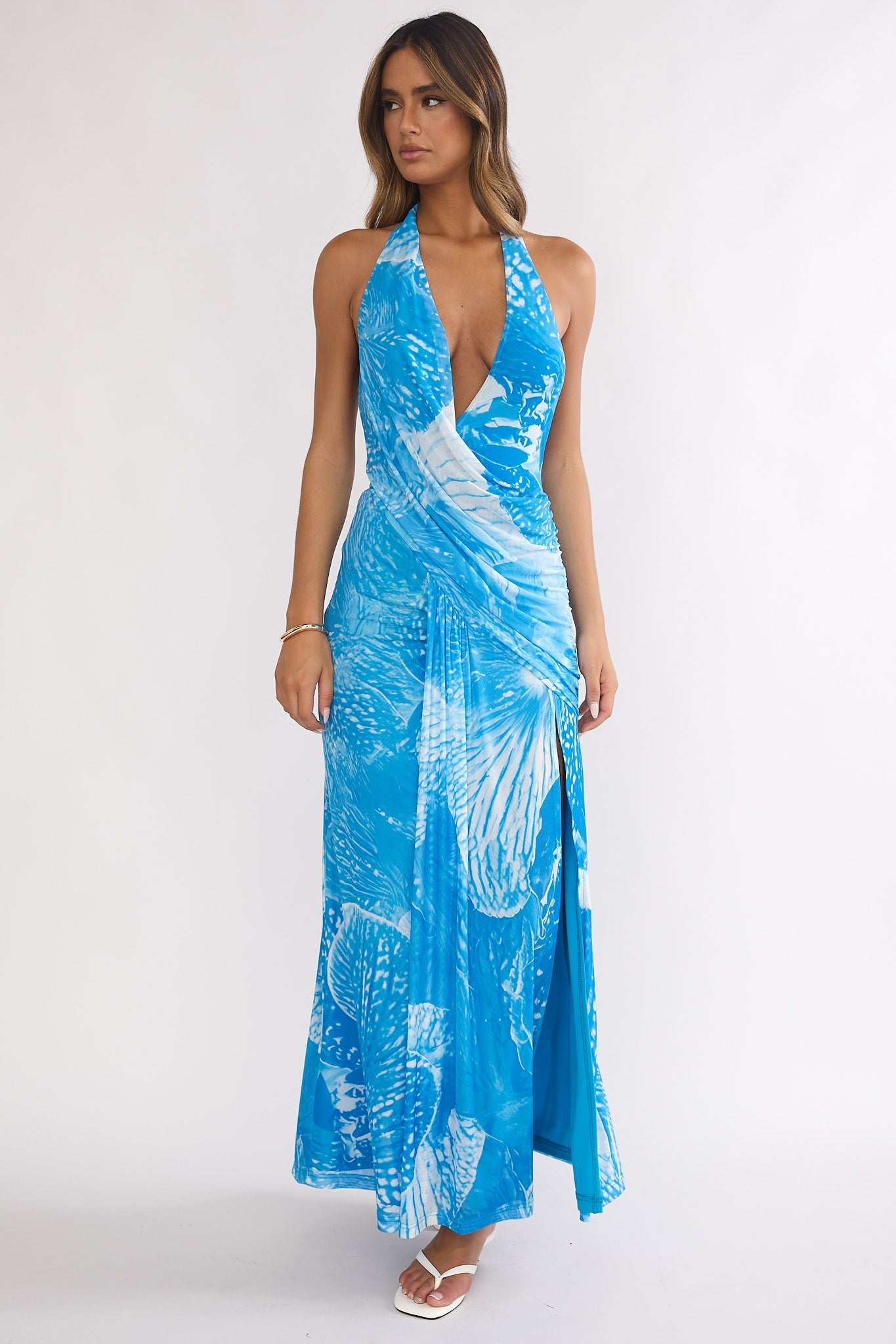 Palomino Plunging Halter Maxi Dress Print Blue