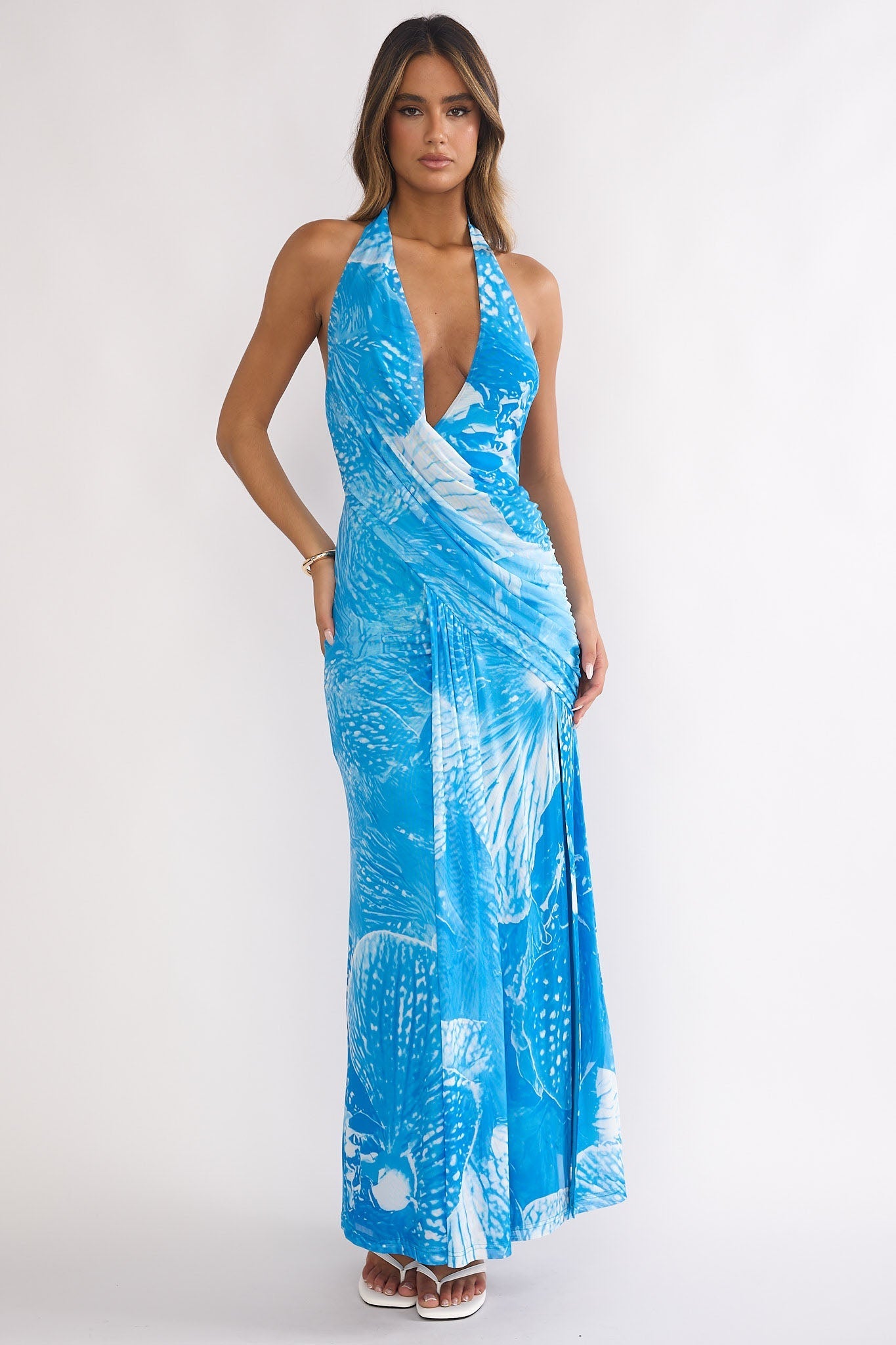 Palomino Plunging Halter Maxi Dress Print Blue