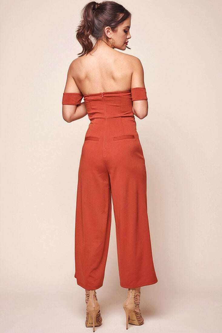 Joan Off the Shoulder Waist Tie Wide Leg Jumpsuit Rust