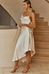 Morning Sun Cowl Neckline Asymmetrical Hem Midi Dress Champagne