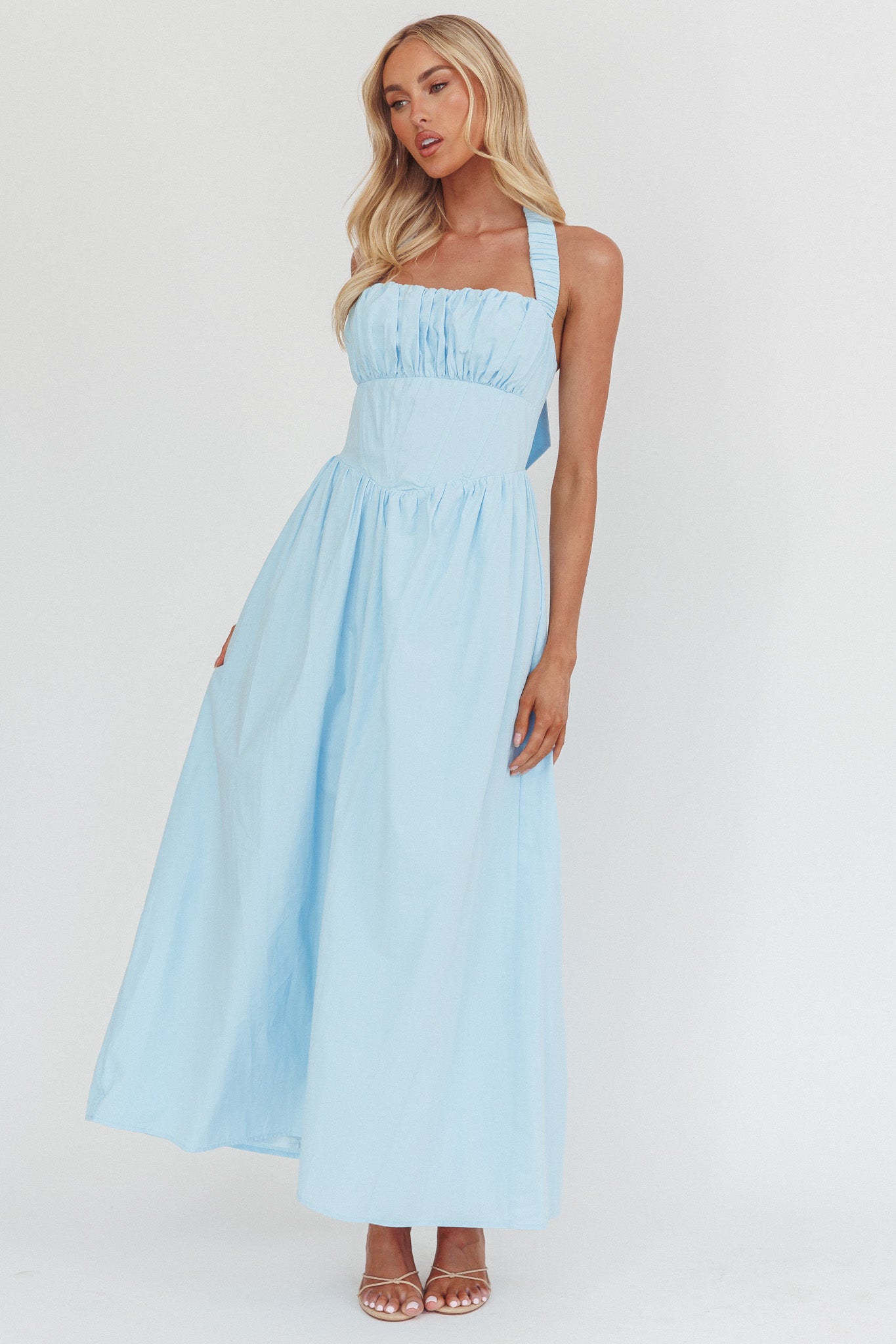 Irisa Elasticated Halter Maxi Dress Ice Blue