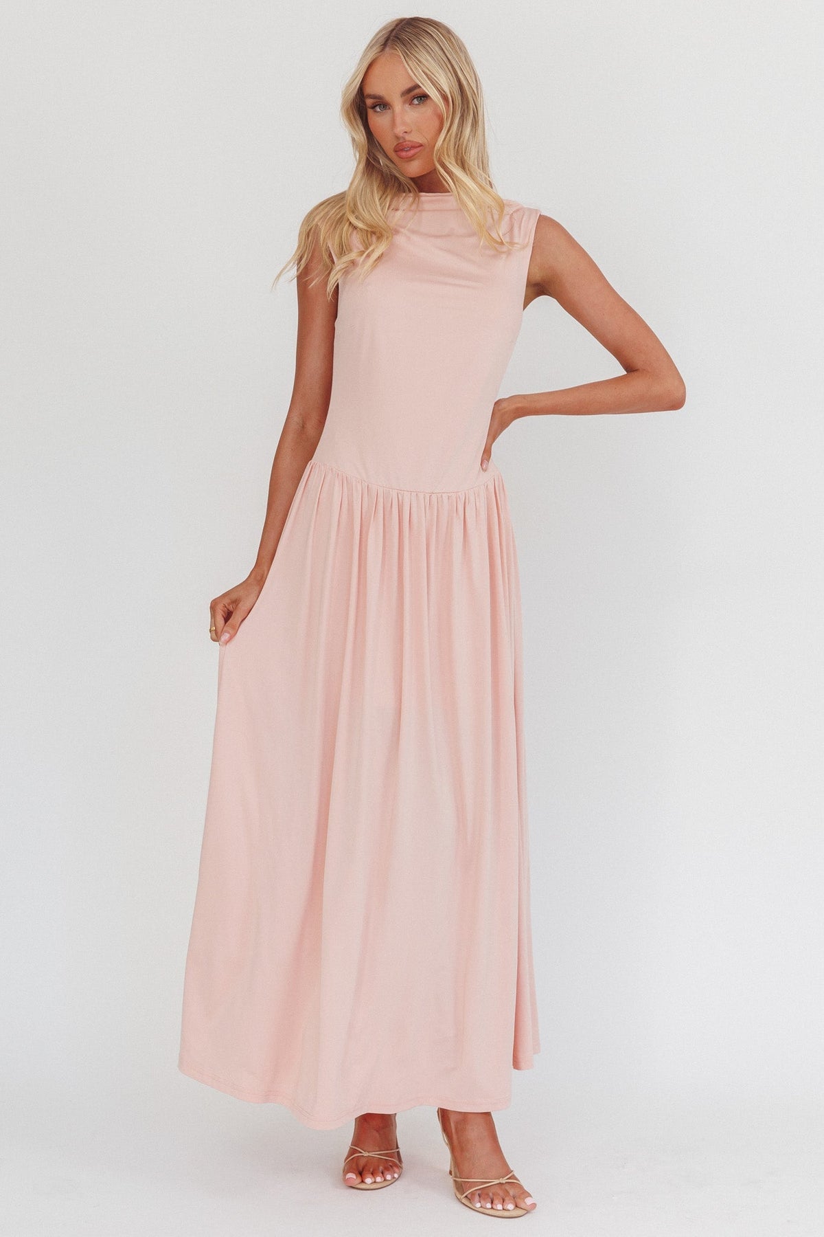 Dorothea High Cowl Open Back Maxi Dress Dusty Pink