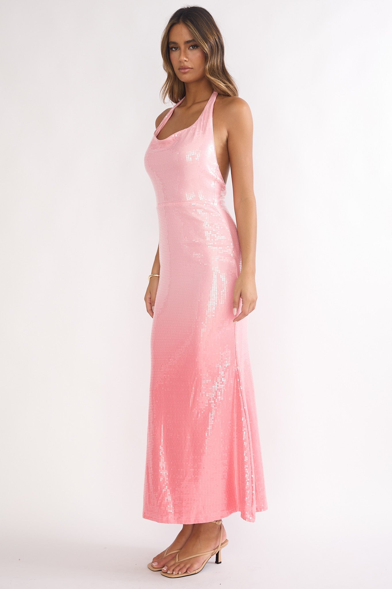 Koral Halter Sequin Maxi Dress Gradient Pink