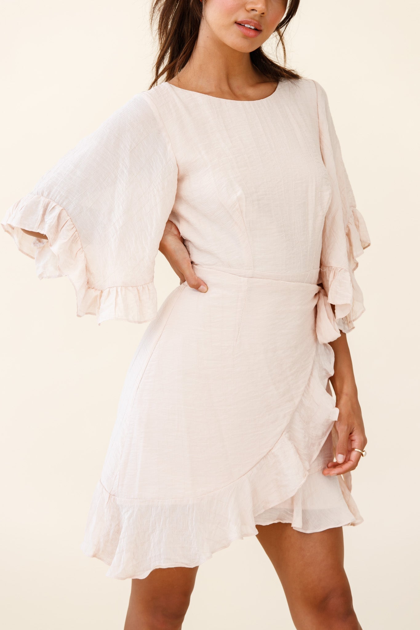Make It Happen Flared Sleeve Ruffle Trim Dress Beige