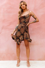 On The Prowl Cowl Neck Asymmetrical Hem Dress Leaf Print Mustard
