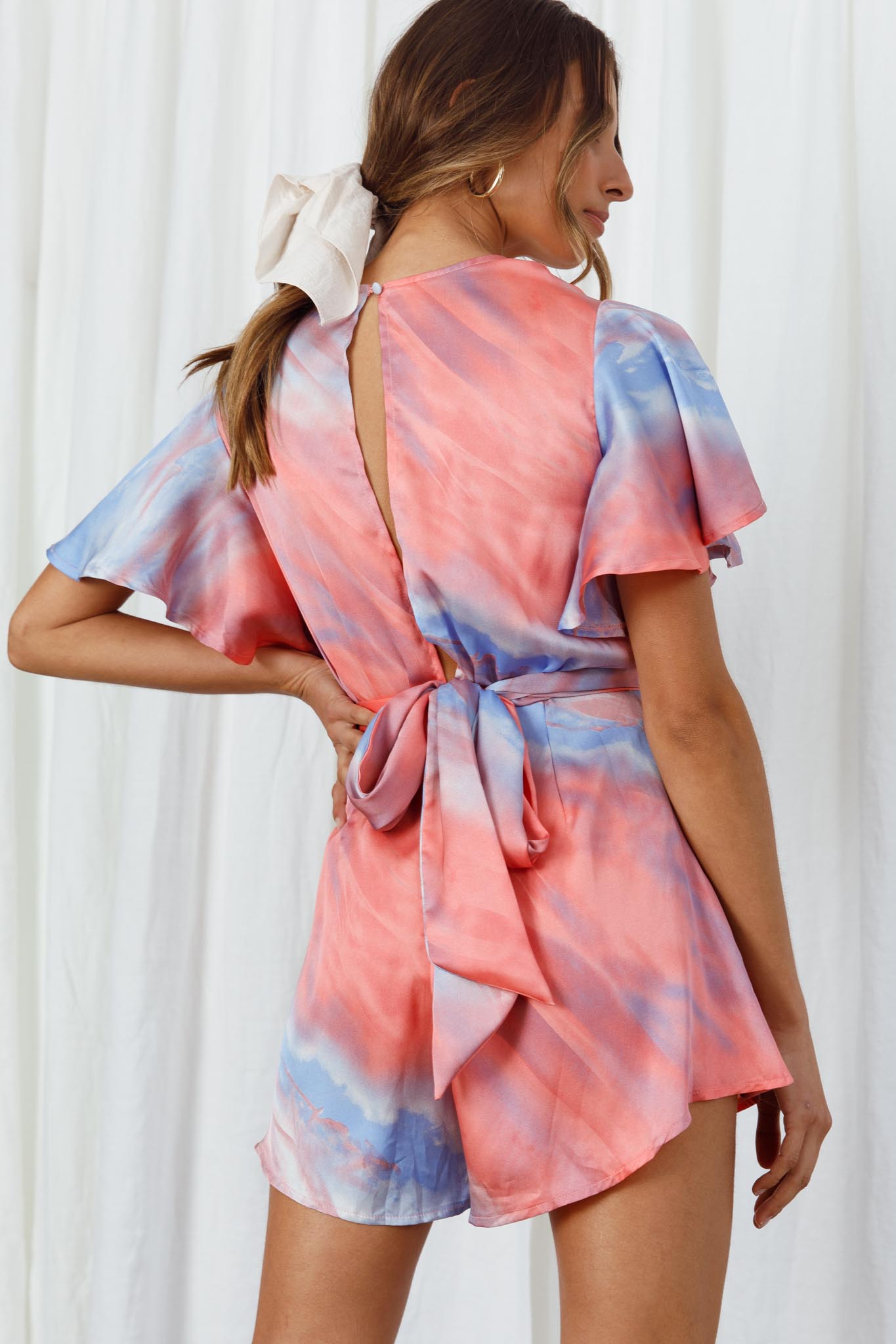 Unconditional Plunging Wrap Style Romper Marbled Tie Dye Red/Purple