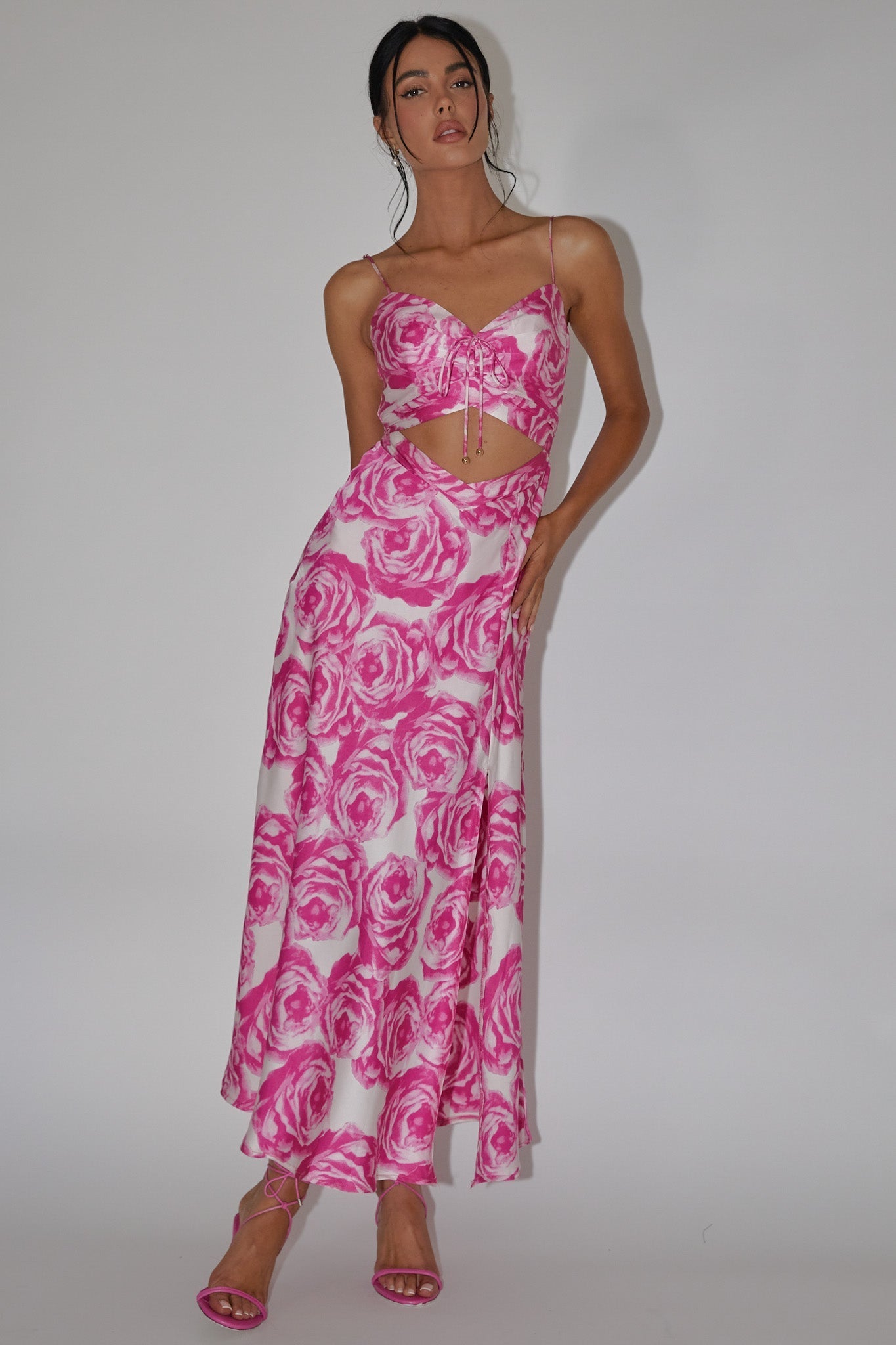 Twin Flame Drawstring Bust Midi Dress Floral Pink
