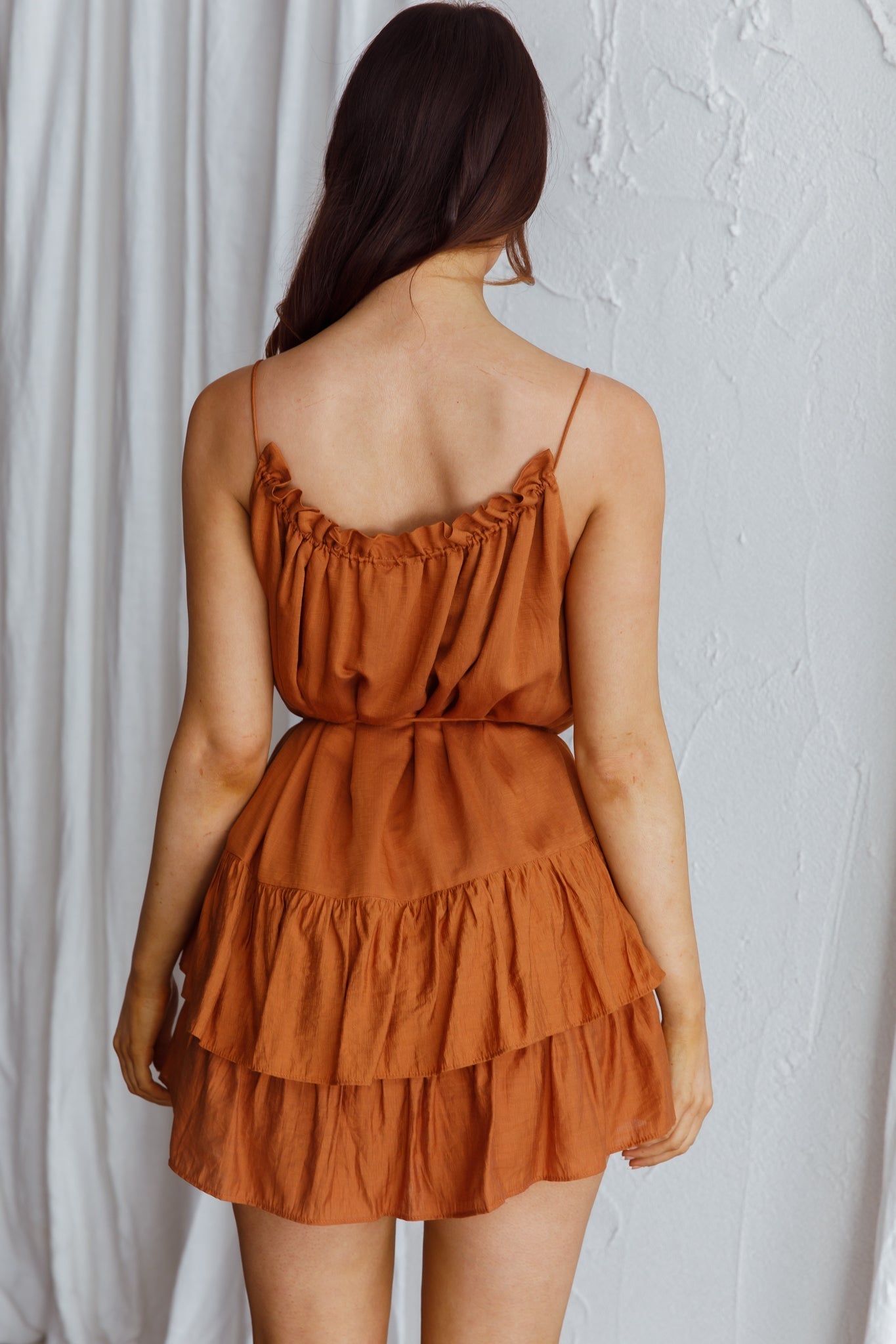 Madeira Drawstring Neckline Frill Mini Dress Tan