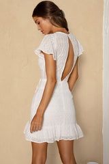 Moving On Flutter Sleeve String Tie Waist Eyelet Mini Dress White