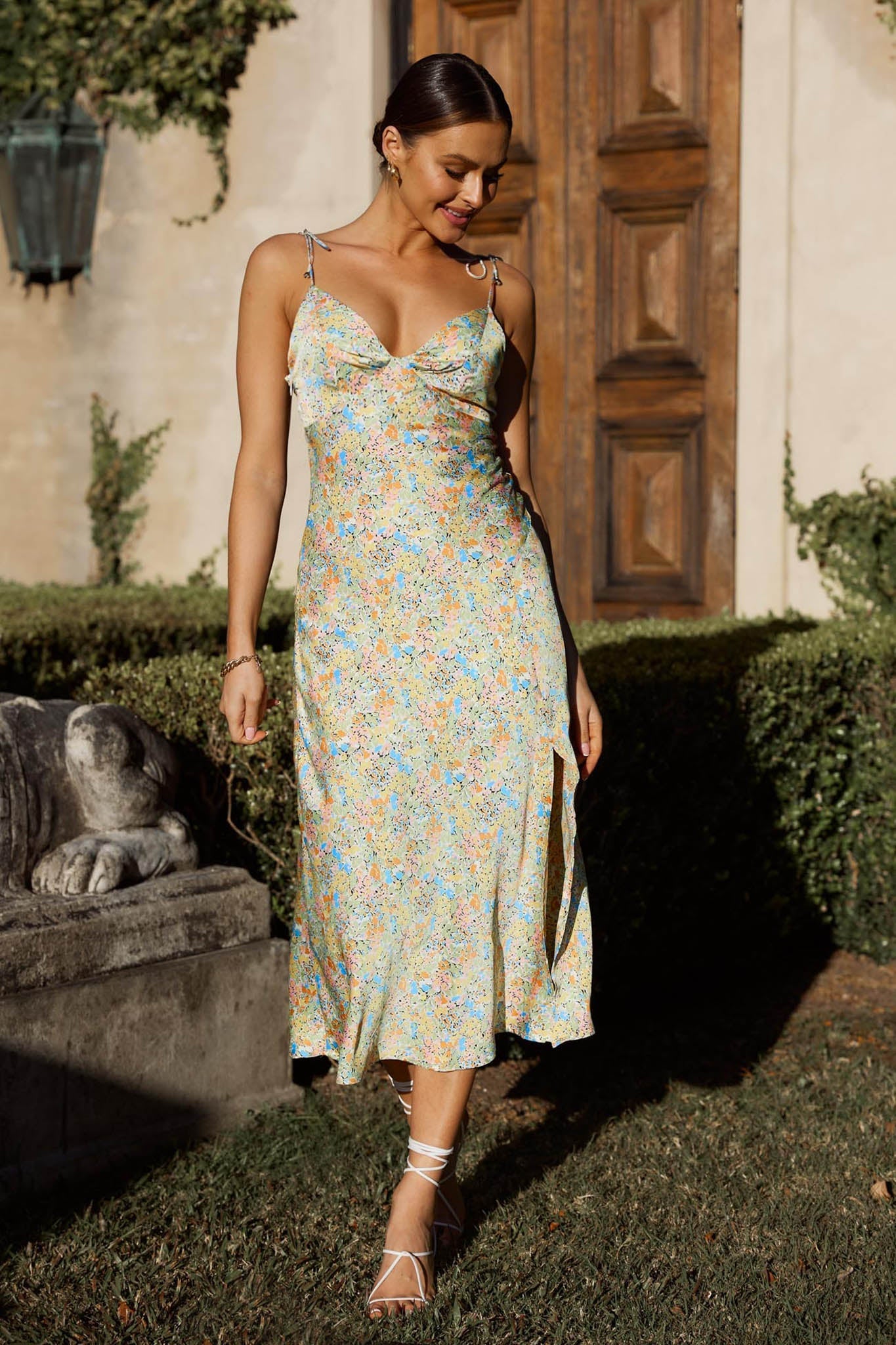 Uptown Girl String Tie Shoulder Front Split Midi Dress Yellow/Blue