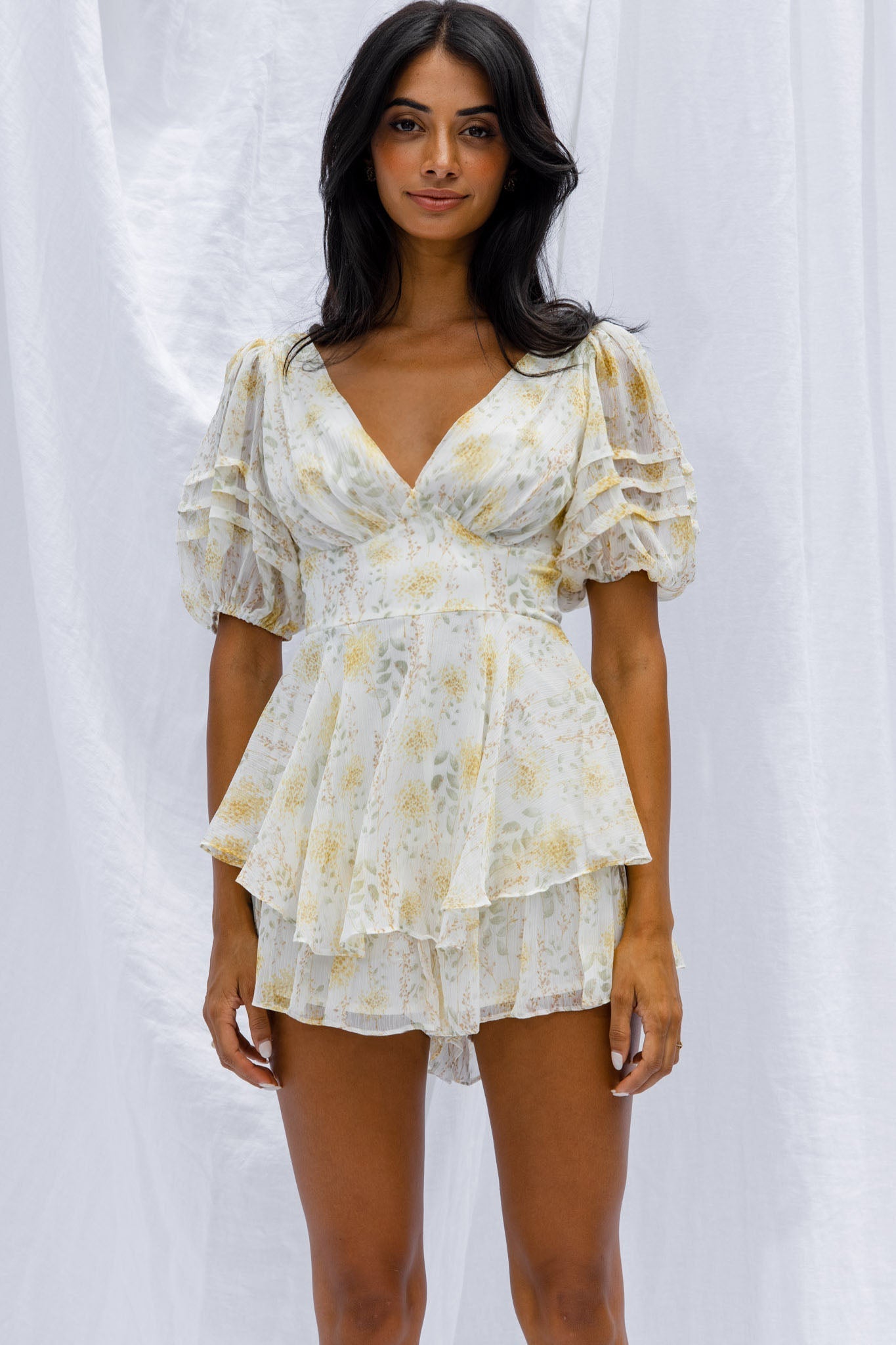 Sun Drops Puff Sleeve Keyhole Back Romper Floral Print Mint