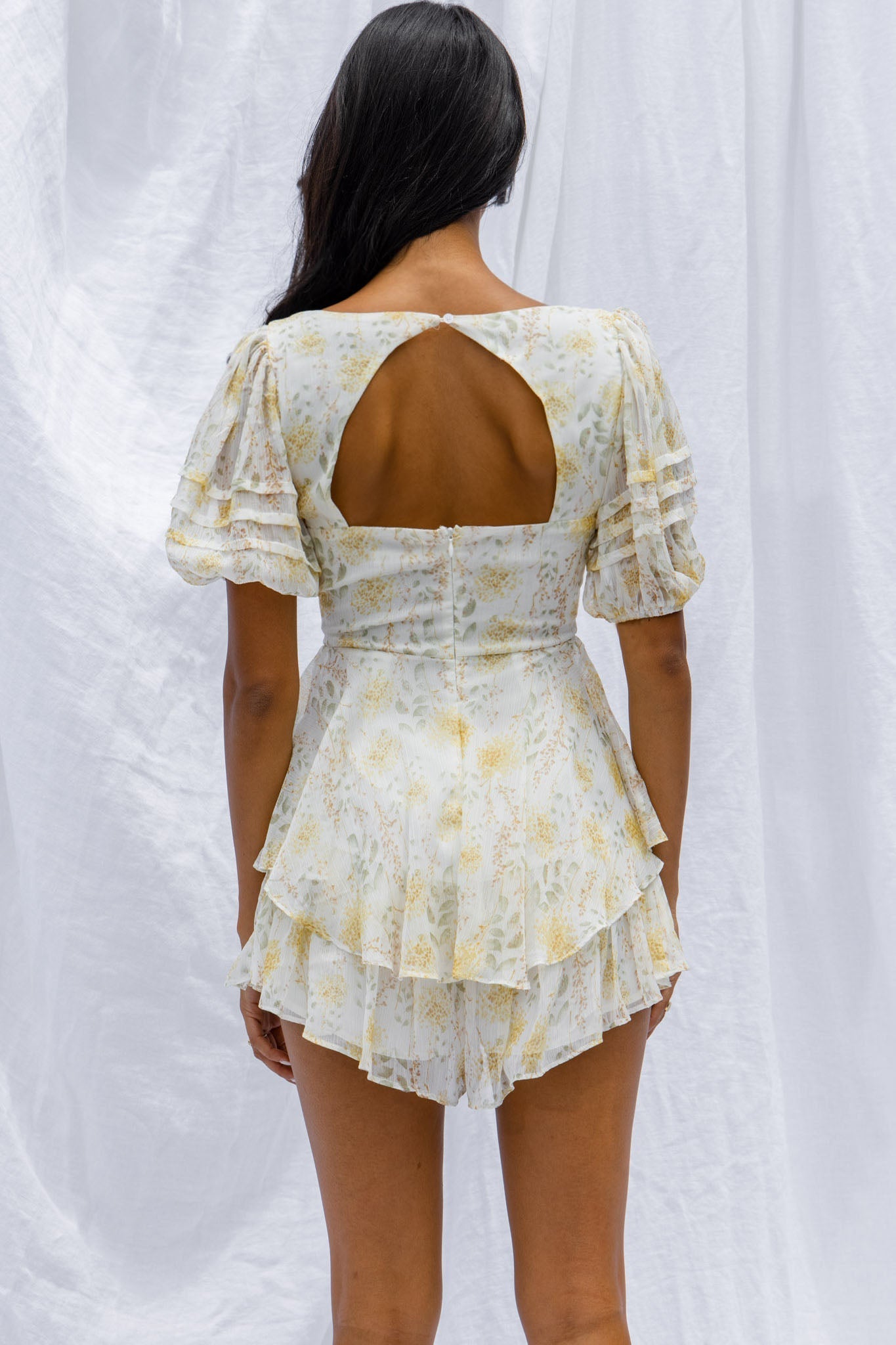 Sun Drops Puff Sleeve Keyhole Back Romper Floral Print Mint