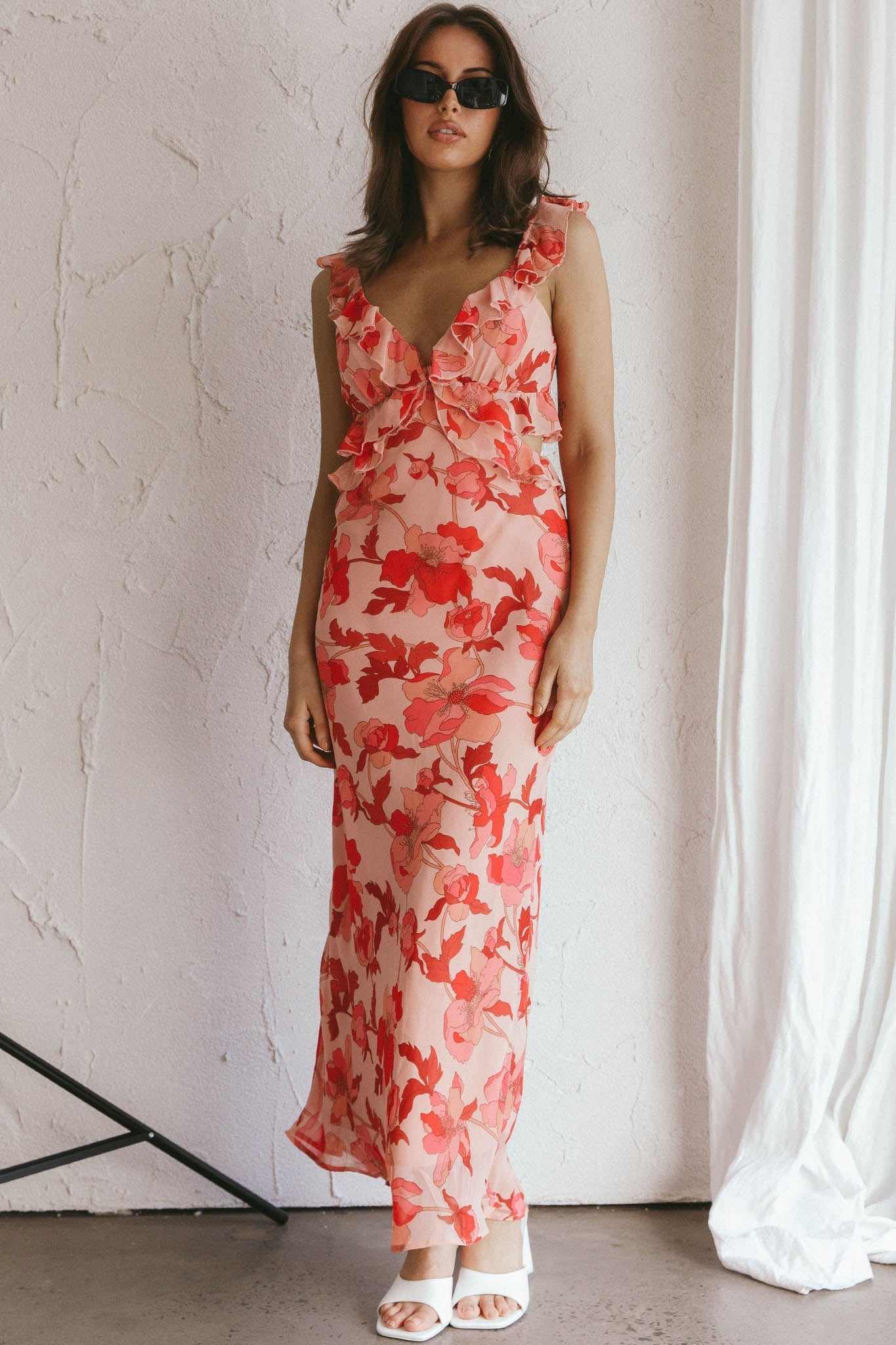Second Chances Ruffle Trim Midi Dress Floral Pink