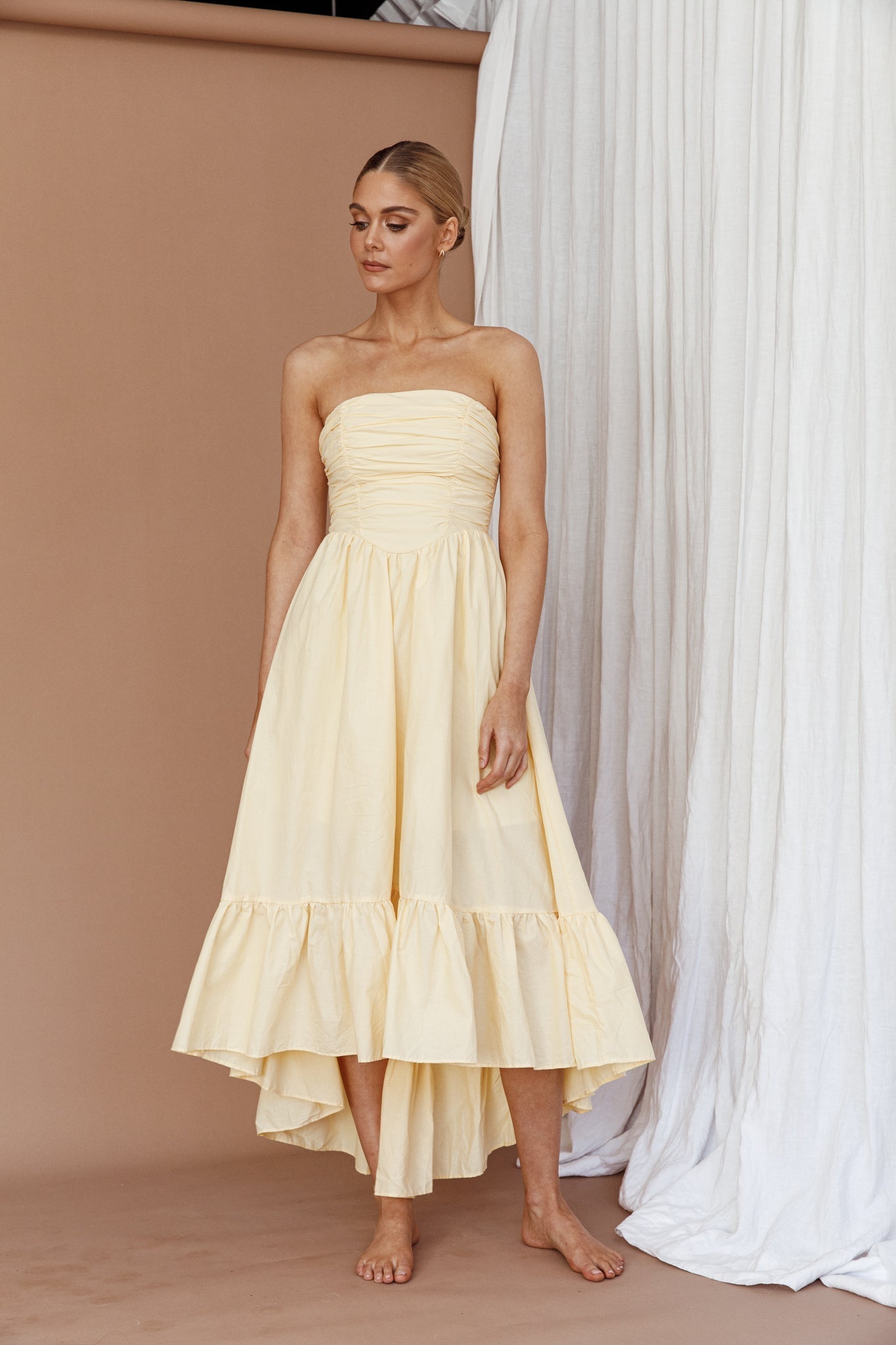 Sunday Mornings Ruched Bust Midi Dress Lemon