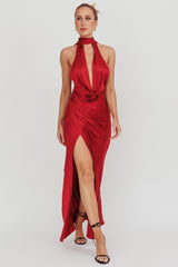 Italia Azure Halterneck Rosette Maxi Dress Wine