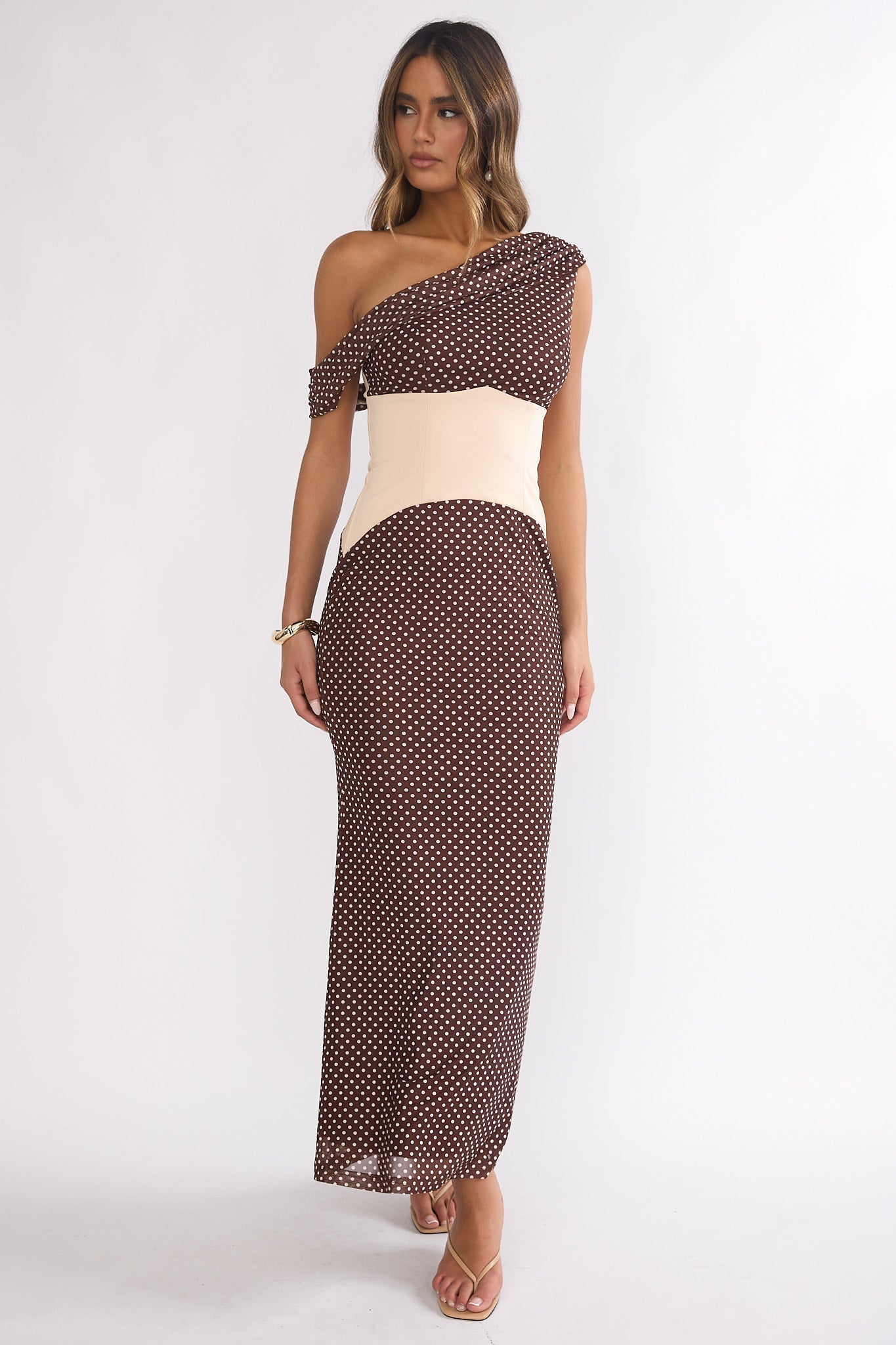 Milos Asymmetric Neckline Maxi Dress Chocolate Dot