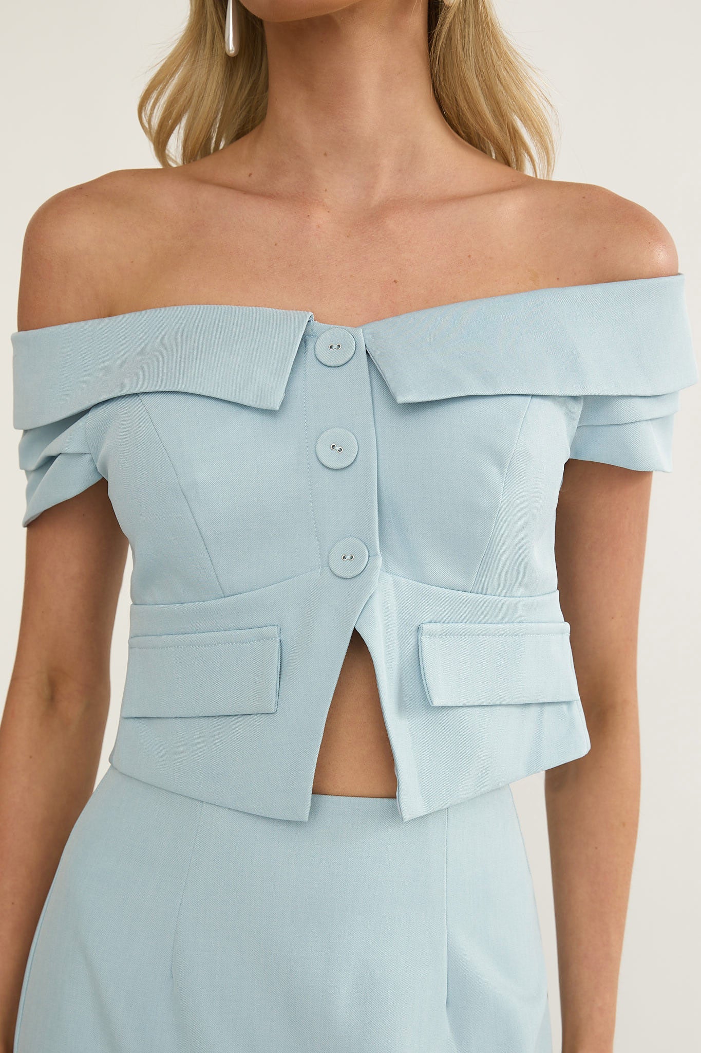 Maelie Foldover Off-Shoulder Top Blue