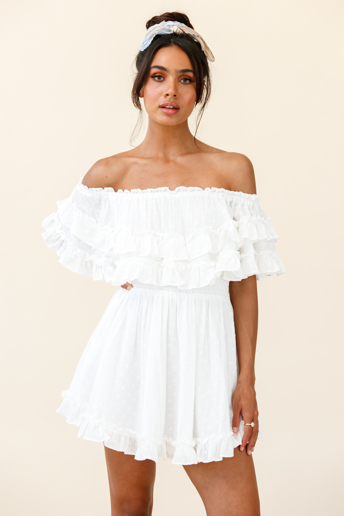 Meet Me At Sunset Bardot Neckline Frill Trim Dress Spotty White