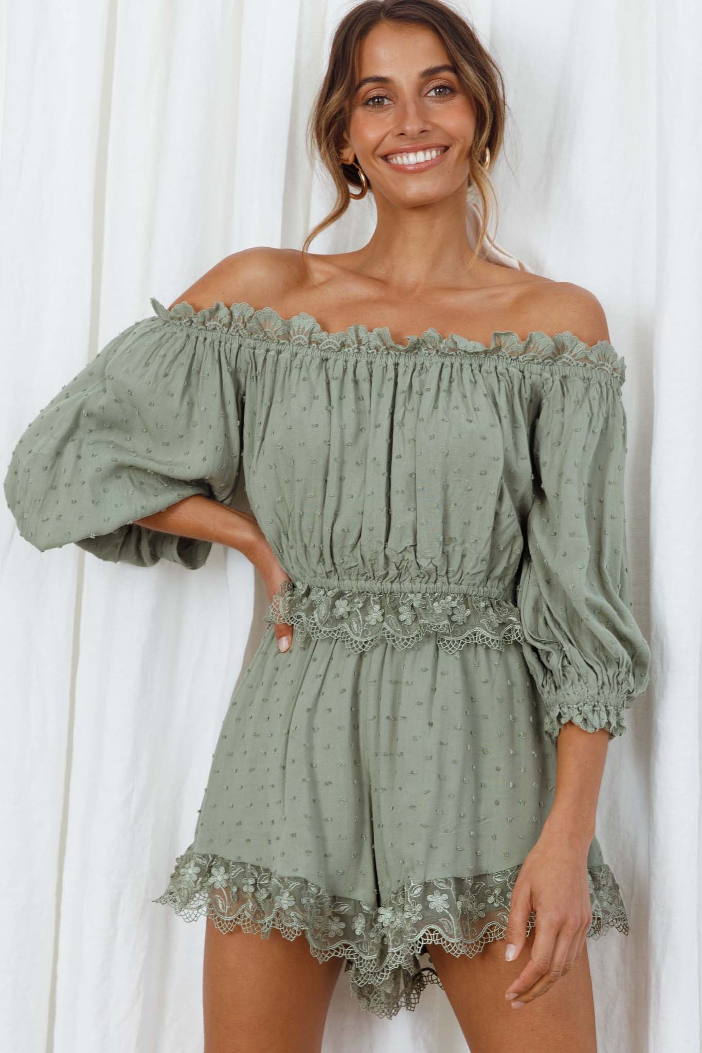 Romilly Scalloped Lace Trim Off-Shoulder Top Olive