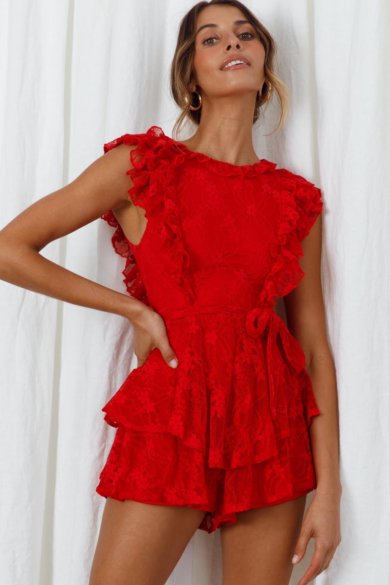 Spring Fling Frill Trim Waist Tie Lace Romper Red